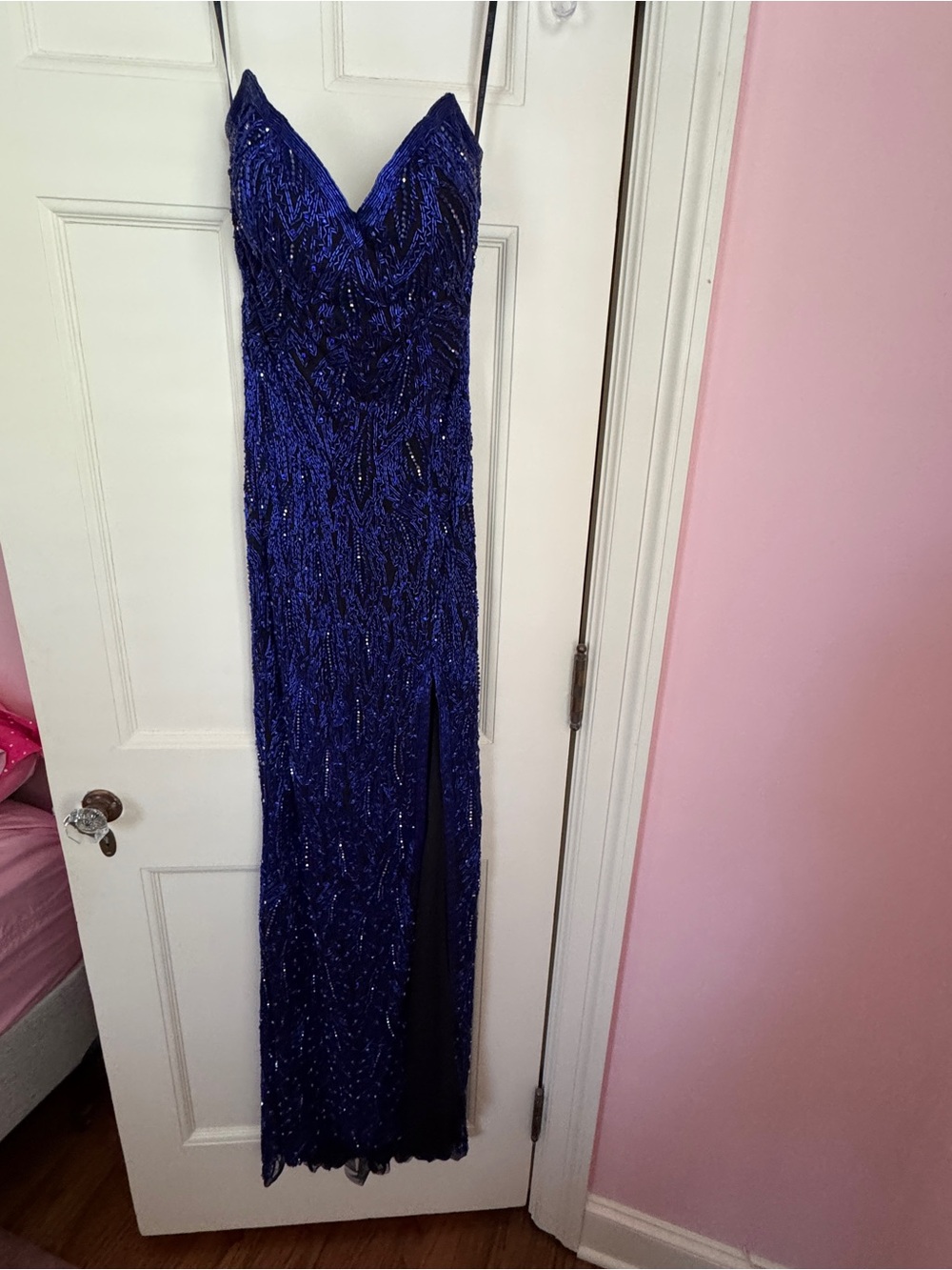 NWT Sherri Hill Beaded Navy Blue Evening Gown with Thigh Slit